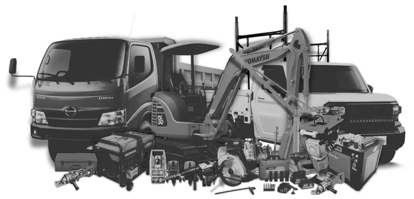 Kumpulan alat dan armada Perfect Tools: dump truck, pick-up, ekskavator, genset, total station, dan peralatan kerja lainnya.