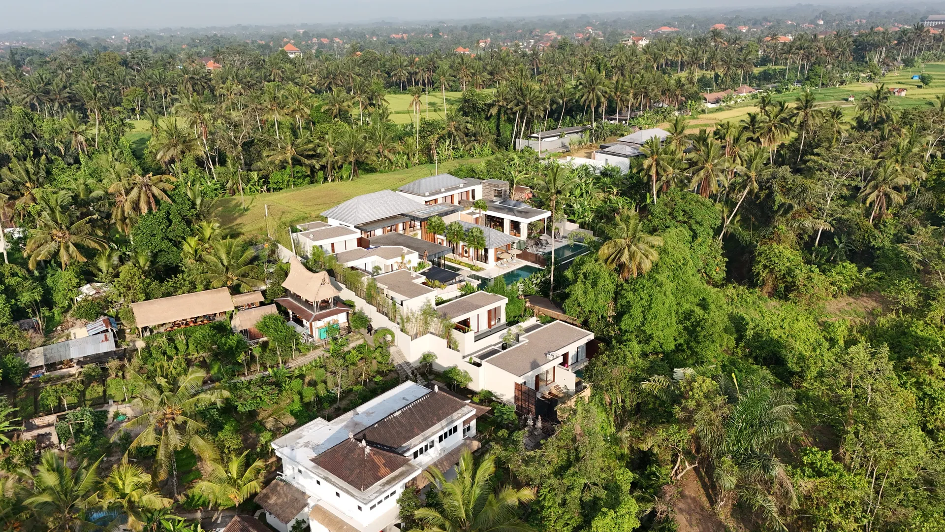 Foto udara kompleks villa di Peliatan, Ubud, di antara pohon kelapa dengan gunung di latar.